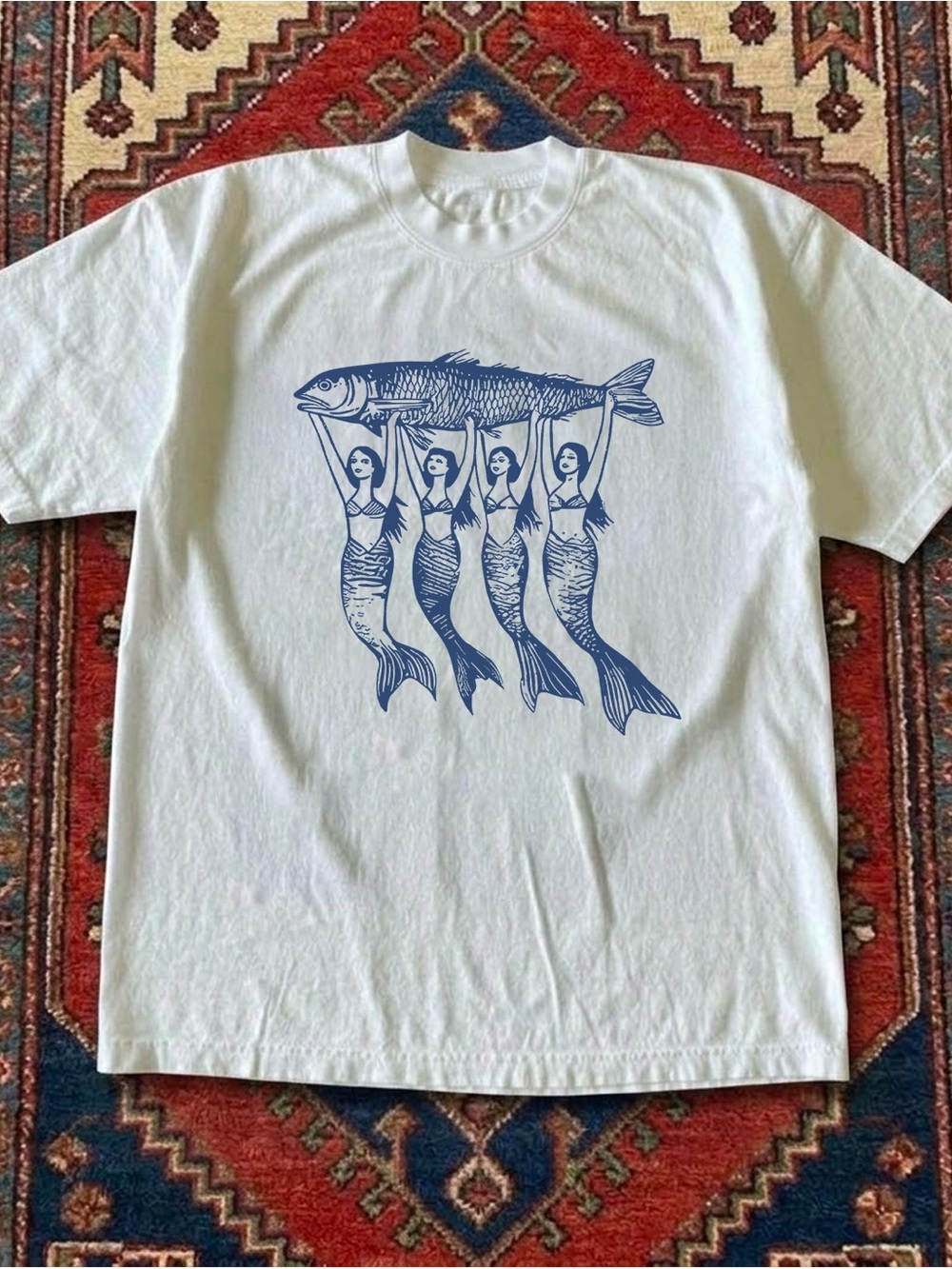 Gildan White Tee with Navy Mermaid-and-Fish Graphic